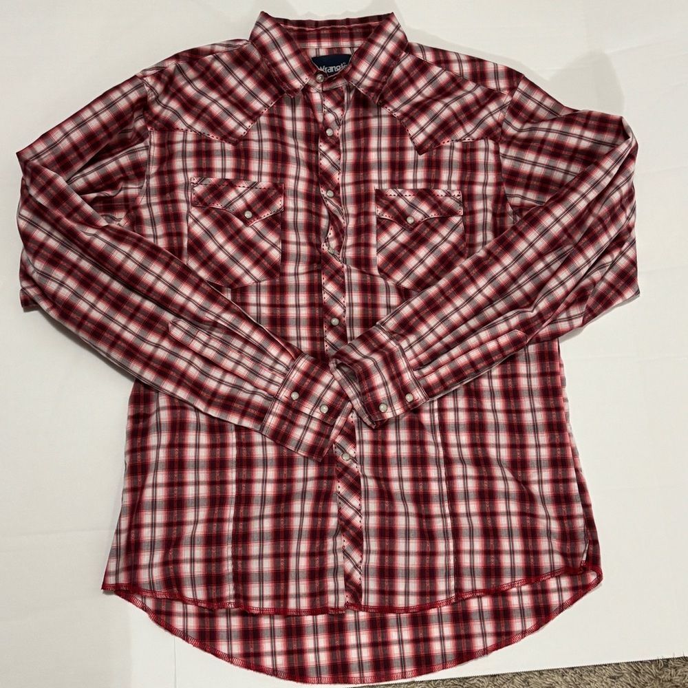 Wrangler Pearl Snap Long Sleeve Western size  L Red Plaid Shirt Cowboy rodeo